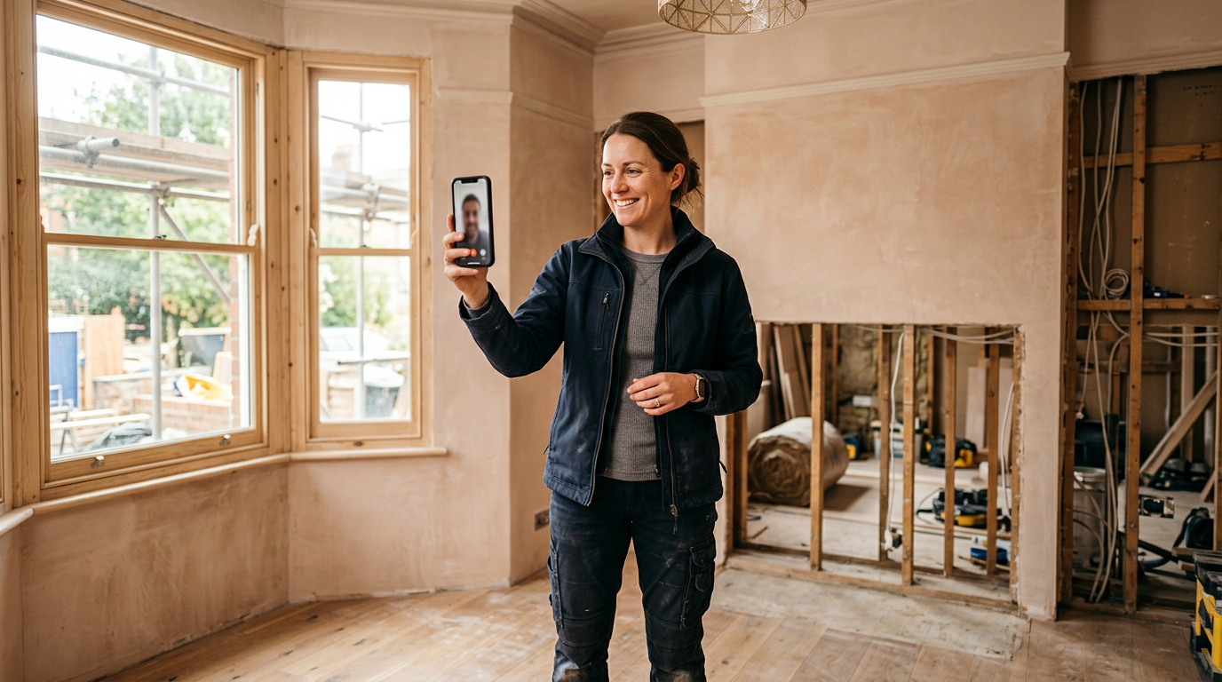 Person zeigt per Smartphone-Videocall ihre Baustelle